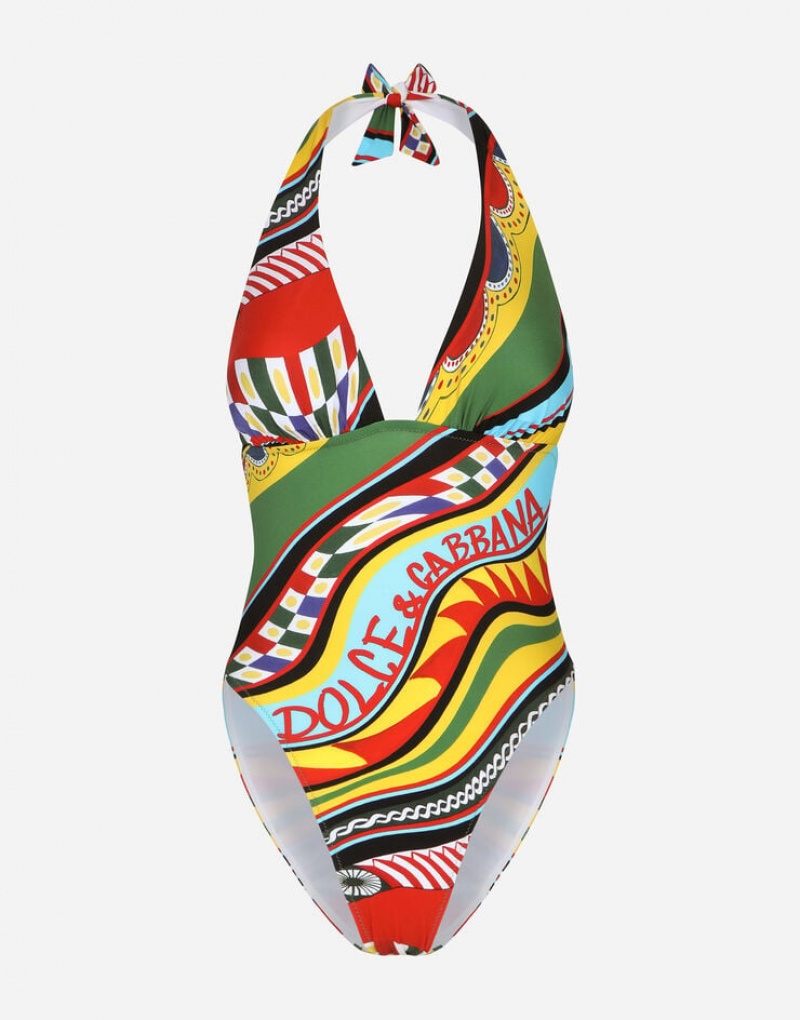 Ropa De Playa Dolce Gabbana Carretto-print one-piece with plunging neckline Mujer | MSO865320